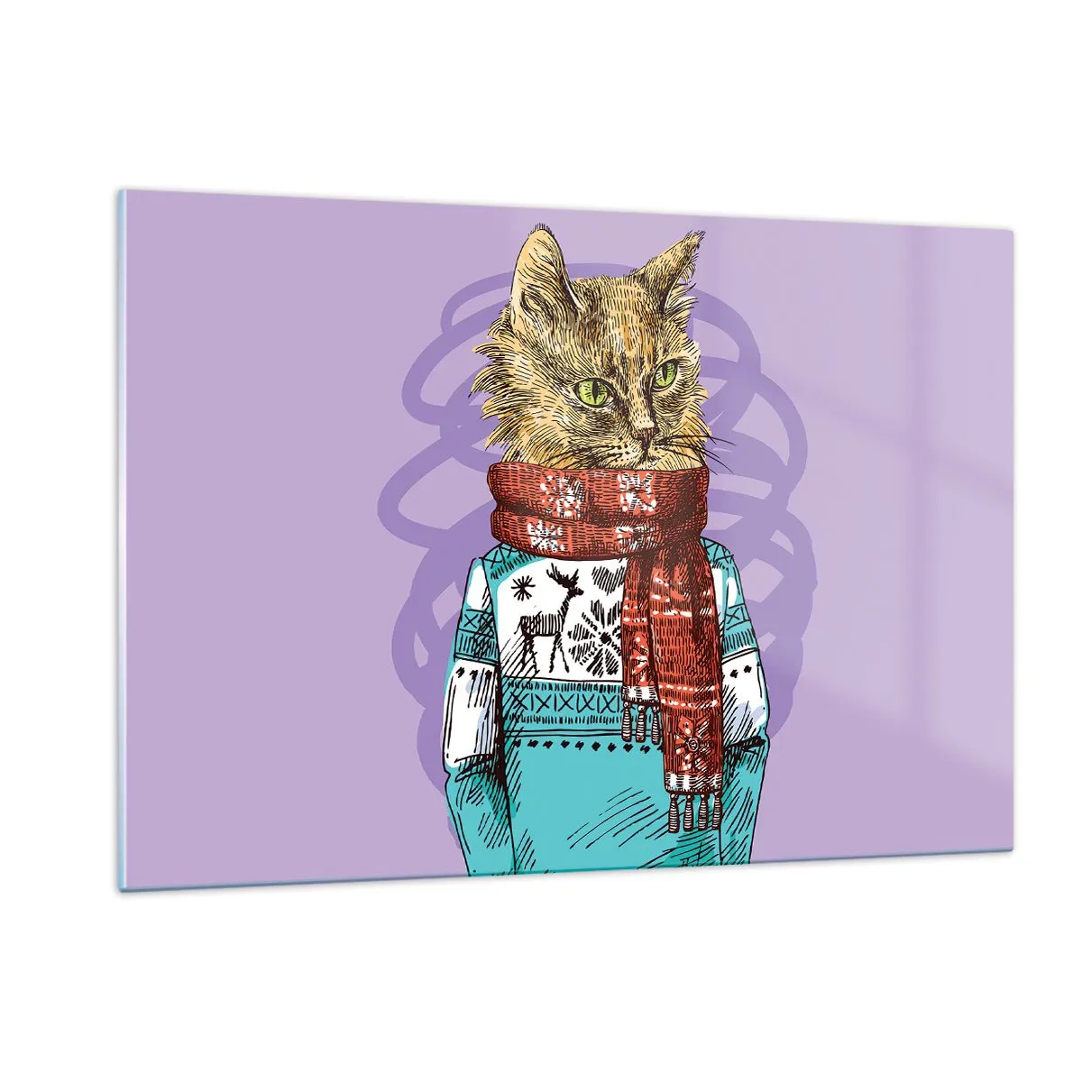 Quadro su vetro - Un gatto con un maglione e una sciarpa su uno sfondo viola - 120x80cm - Un gatto non solo con gli stivali - Decorazione murale moderna per soggiorno e camera da letto ARTTOR