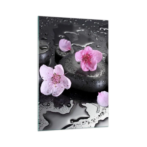Quadro su vetro - Pietre nere e fiori rosa in stile spa - 70x100cm - E il cuore si libera di un peso - Decorazione murale moderna per soggiorno e camera da letto ARTTOR