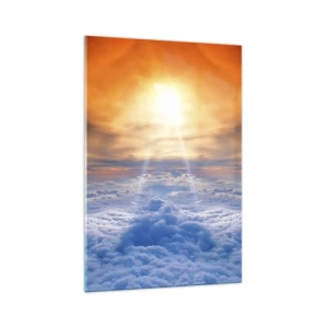 Quadro su vetro - Tramonto sopra le nuvole, il cielo pieno di colori dorati e di luce. - 70x100cm - Paesaggio mistico - Decorazione murale moderna per soggiorno e camera da letto ARTTOR