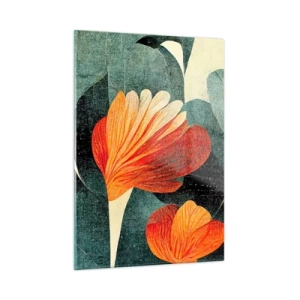 Quadro su vetro - Fiori arancioni su uno sfondo di foglie verde scuro - 50x70cm - Caldo dei tropici e fresco del verde - Decorazione murale moderna per soggiorno e camera da letto ARTTOR