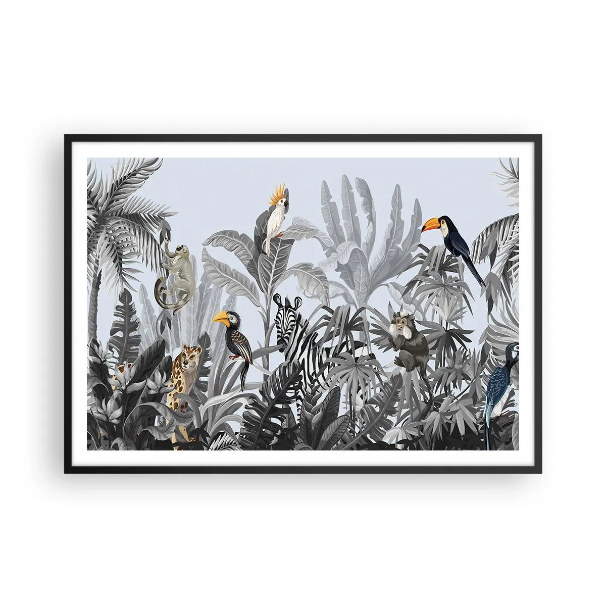 Poster in cornice nera - Giungla tropicale con animali esotici su sfondo grigio - 100x70cm - Favola africana - Decorazione murale moderna per soggiorno e camera da letto ARTTOR