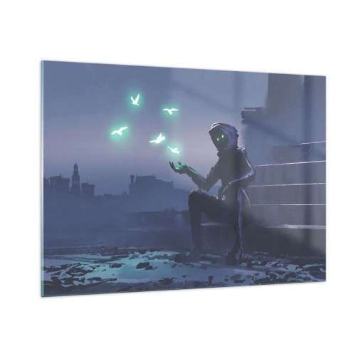 Quadro su vetro - Una figura nell'oscurità circondata da uccelli verdi fluttuanti - 100x70cm - La vita ritorna - Decorazione murale moderna per soggiorno e camera da letto ARTTOR