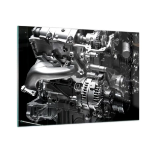Quadro su vetro - Dettagli di un motore metallico su sfondo nero - 100x70cm - D'acciaio, bello, forte - Decorazione murale moderna per soggiorno e camera da letto ARTTOR