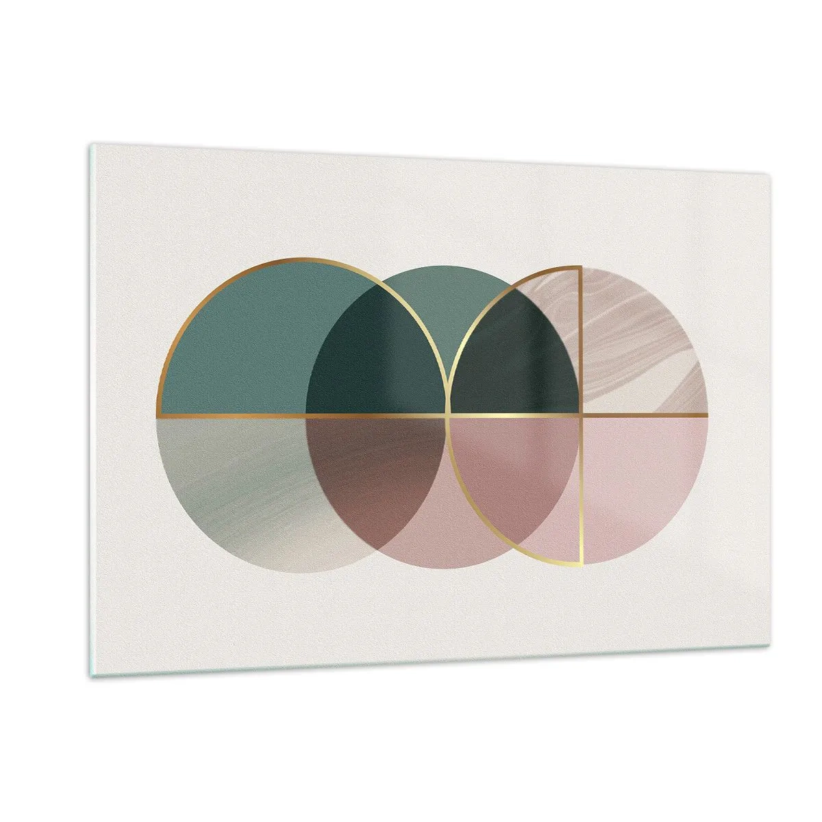 Quadro su vetro - Forme geometriche con sfumature di verde e rosa su uno sfondo chiaro - 120x80cm - Un cerchio dietro l'altro... - Decorazione murale moderna per soggiorno e camera da letto ARTTOR