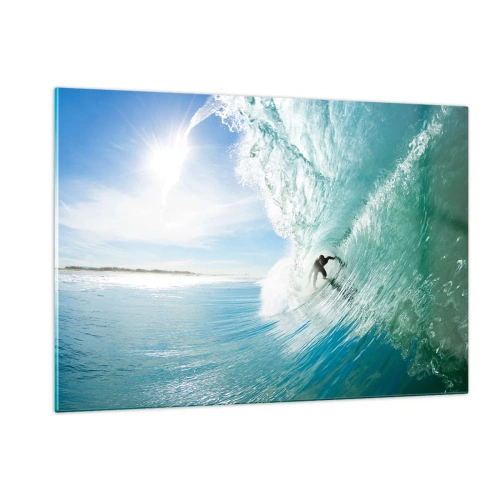 Quadro su vetro - Un surfista cavalca un'onda contro un cielo blu - 120x80cm - Sempre sull'onda - Decorazione murale moderna per soggiorno e camera da letto ARTTOR