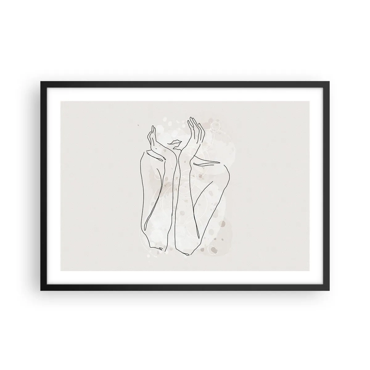 Poster in cornice nera - Linea di contorno che mostra le mani della donna su uno sfondo chiaro - 70x50cm - Attimo sognante - Decorazione murale moderna per soggiorno e camera da letto ARTTOR
