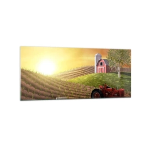 Quadro su vetro - Paesaggio rurale con un fienile rosso, un trattore e l'alba - 120x50cm - La fattoria delle favole - Decorazione murale moderna per soggiorno e camera da letto ARTTOR