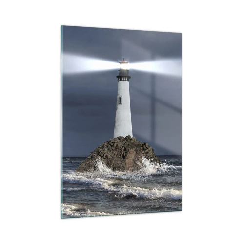 Quadro su vetro - Un faro su una roccia in mezzo alle onde agitate di notte - 50x70cm - Qui...qui... qui! - Decorazione murale moderna per soggiorno e camera da letto ARTTOR