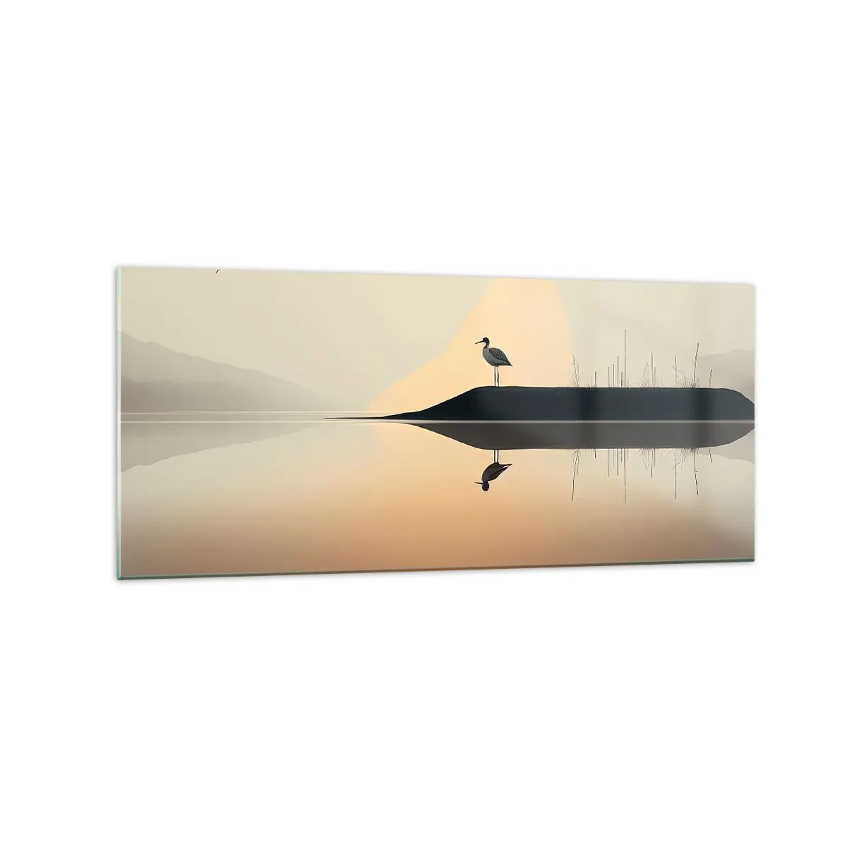 Quadro su vetro - Un uccello su un'isola in un lago calmo con tonalità calde - 120x50cm - Il signore del lago - Decorazione murale moderna per soggiorno e camera da letto ARTTOR