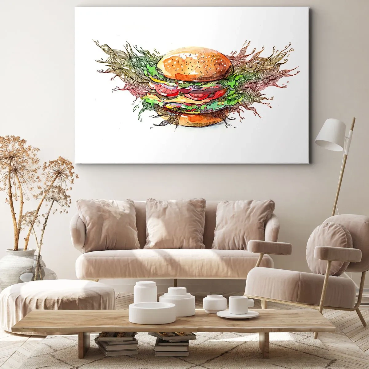 Quadro su tela - Stampe su Tela - Illustrazione artistica di un hamburger con elementi dinamici - 120x80cm - Una tentazione calda - Decorazione murale moderna per soggiorno e camera da letto ARTTOR