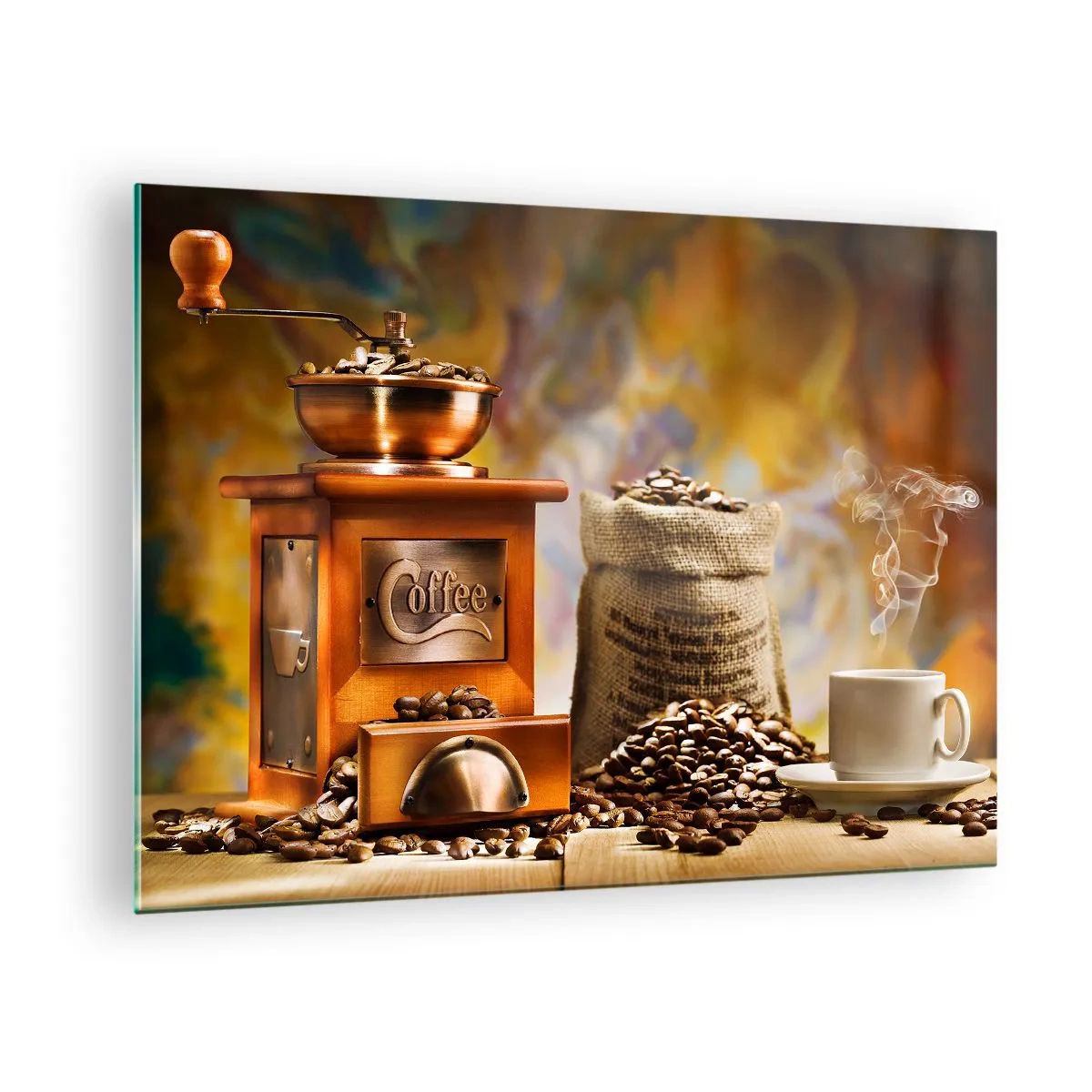 Quadro su vetro - Macinacaffè, chicchi e una tazza su un tavolo di legno - 70x50cm - Scricchiolio dei chicchi, tintinnio del macinino - Decorazione murale moderna per soggiorno e camera da letto ARTTOR