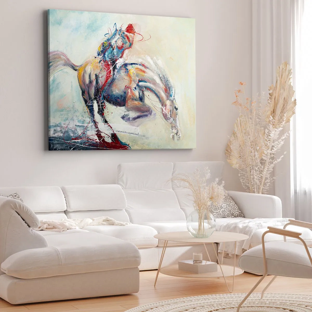 Quadro su tela - Stampe su Tela - Un'immagine dinamica di un cavallo in stile artistico astratto. - 70x50cm - Tieniti, voliamo - Decorazione murale moderna per soggiorno e camera da letto ARTTOR