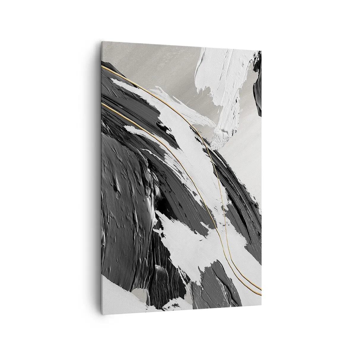 Quadro su tela - Stampe su Tela - Pennellate di vernice bianca e nera con un sottile accento dorato - 80x120cm - Astrazione con sfarzo - Decorazione murale moderna per soggiorno e camera da letto ARTTOR