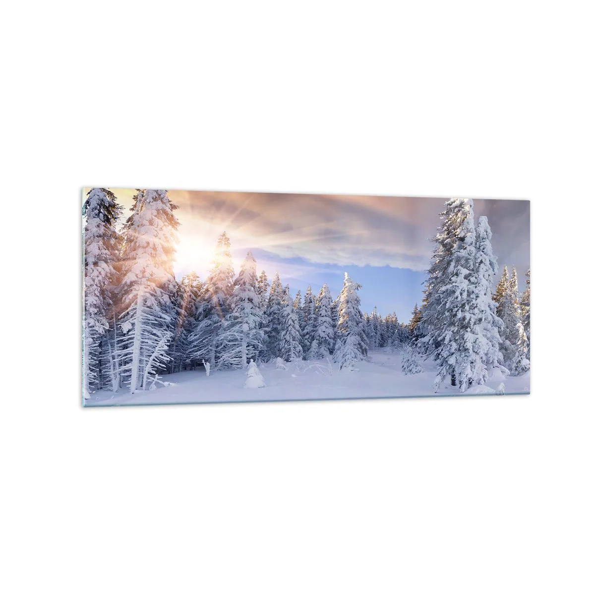 Quadro su vetro - Paesaggio invernale con foresta innevata al tramonto - 120x50cm - Spettacolo innevato della natura - Decorazione murale moderna per soggiorno e camera da letto ARTTOR