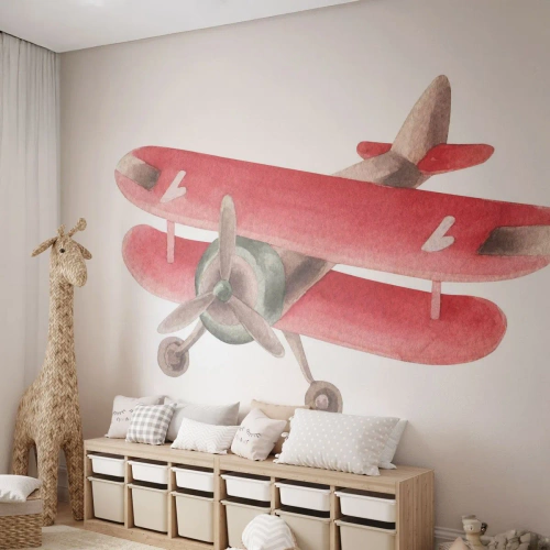 Fotomurali Standard Eco - Biplano retrò rosso su sfondo bianco - 100x70cm - Pronto a volare alto - Decorazione murale moderna per soggiorno e camera da letto ARTTOR