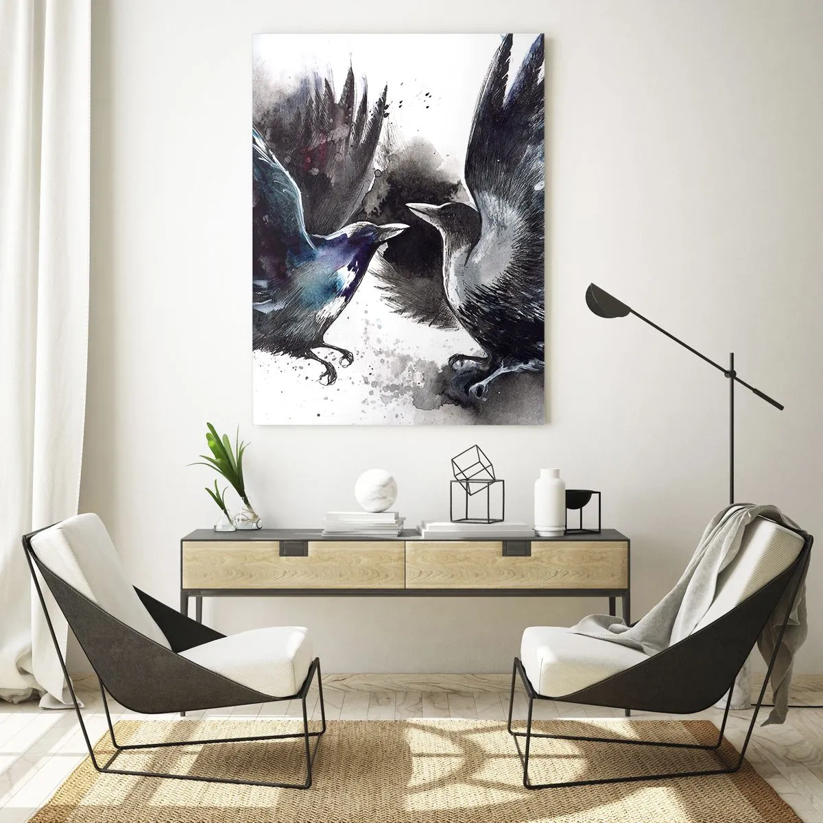 Quadro su vetro - Corvi artistici in una composizione dinamica ad acquerello - 70x100cm - Corvi imperiali - Decorazione murale moderna per soggiorno e camera da letto ARTTOR