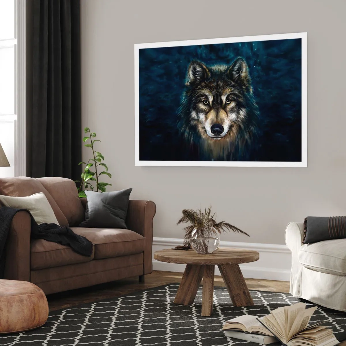 Poster - Ritratto di un lupo su sfondo blu scuro - 100x70cm - Alfa? E omega - Decorazione murale moderna per soggiorno e camera da letto ARTTOR