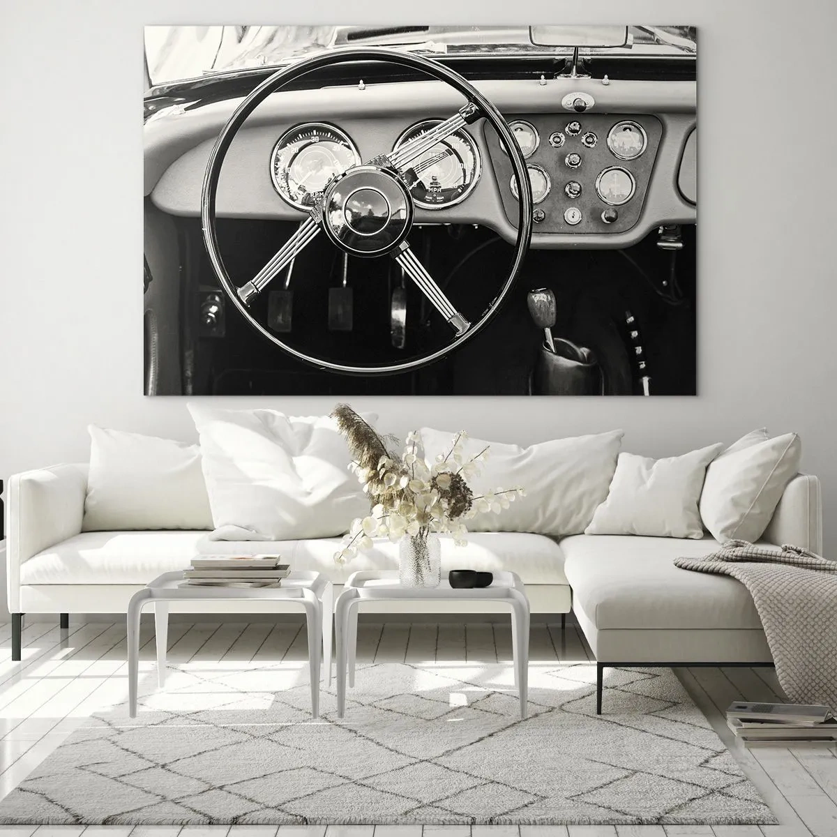 Quadro su vetro - Il volante e gli orologi di un'auto d'epoca in seppia - 100x70cm - Il sogno del collezionista - Decorazione murale moderna per soggiorno e camera da letto ARTTOR
