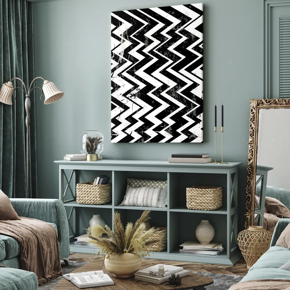 Quadro su tela - Stampe su Tela - Motivo a zigzag bianco e nero con abrasioni artistiche - 50x70cm - Zig-bianco, zag-nero - Decorazione murale moderna per soggiorno e camera da letto ARTTOR