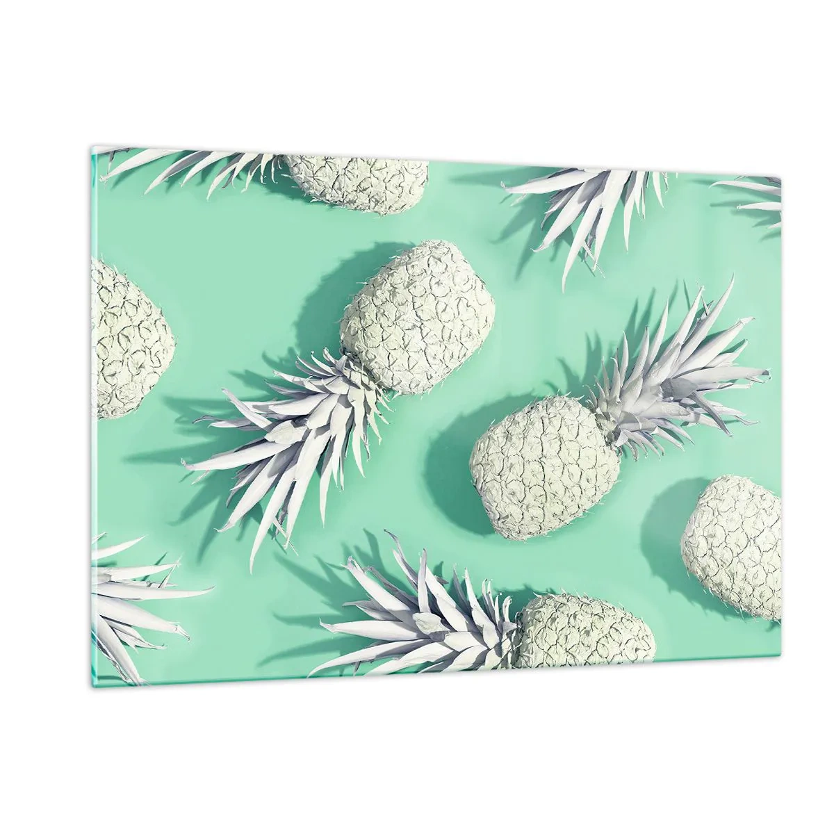Quadro su vetro - Ananas bianchi su sfondo menta in una composizione artistica - 120x80cm - Perfettamente adatti alla menta - Decorazione murale moderna per soggiorno e camera da letto ARTTOR