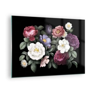 Quadro su vetro - Composizione floreale con peonie su sfondo nero - 70x50cm - Dal giardino inglese - Decorazione murale moderna per soggiorno e camera da letto ARTTOR