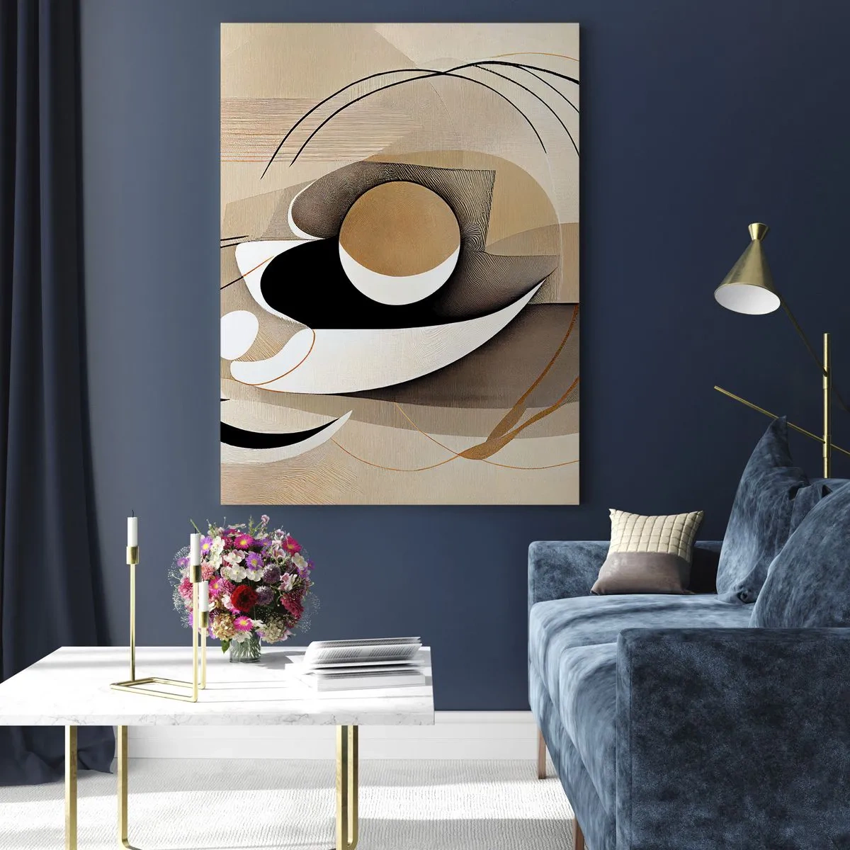 Quadro su vetro - Composizione astratta nei toni del beige e del nero - 80x120cm - Composizione: l'essenza delle cose - Decorazione murale moderna per soggiorno e camera da letto ARTTOR