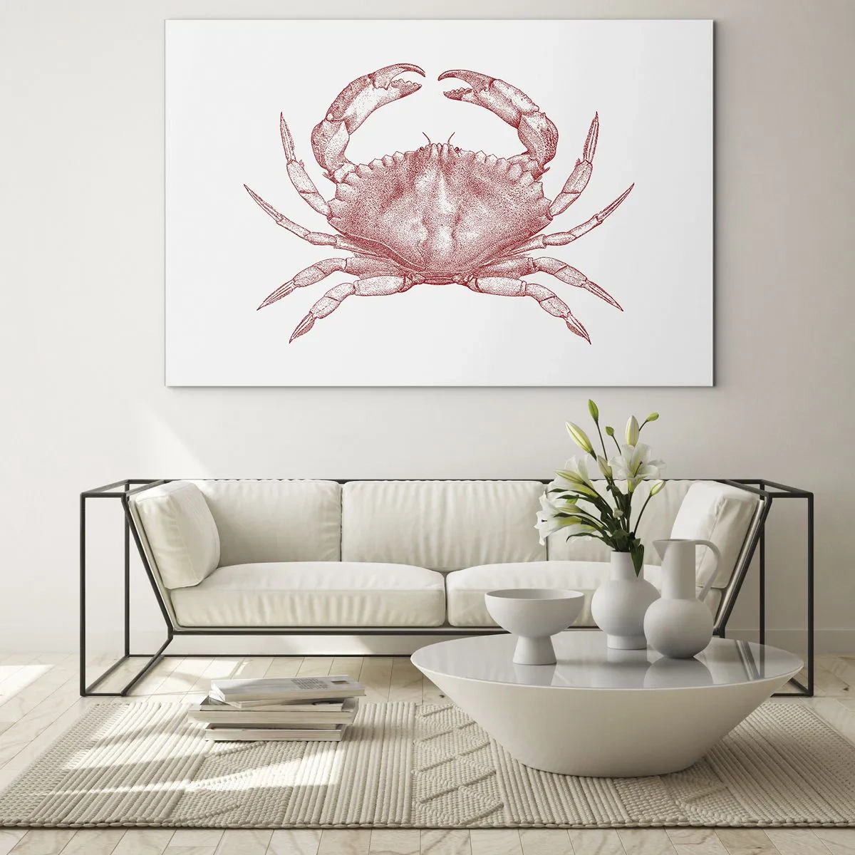 Quadro su vetro - Schizzo di un granchio rosso su uno sfondo chiaro in stile retrò - 70x50cm - Il granchio dei granchi - Decorazione murale moderna per soggiorno e camera da letto ARTTOR