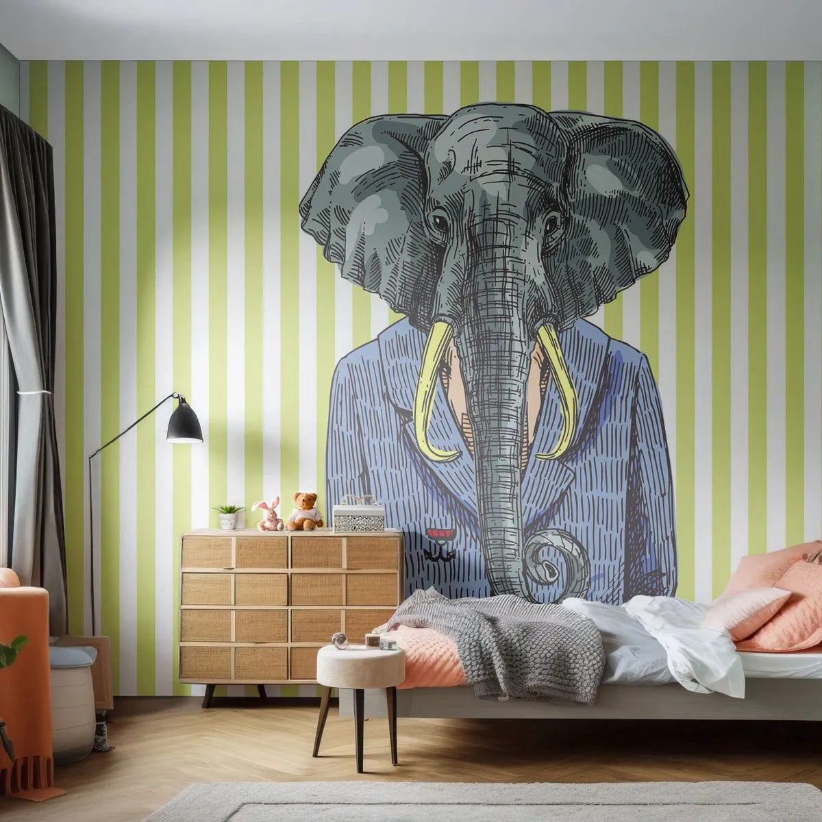 Fotomurali Premium Sand - Un elefante in un elegante abito su uno sfondo a righe pastello. - 100x70cm - Elegante di natura - Decorazione murale moderna per soggiorno e camera da letto ARTTOR