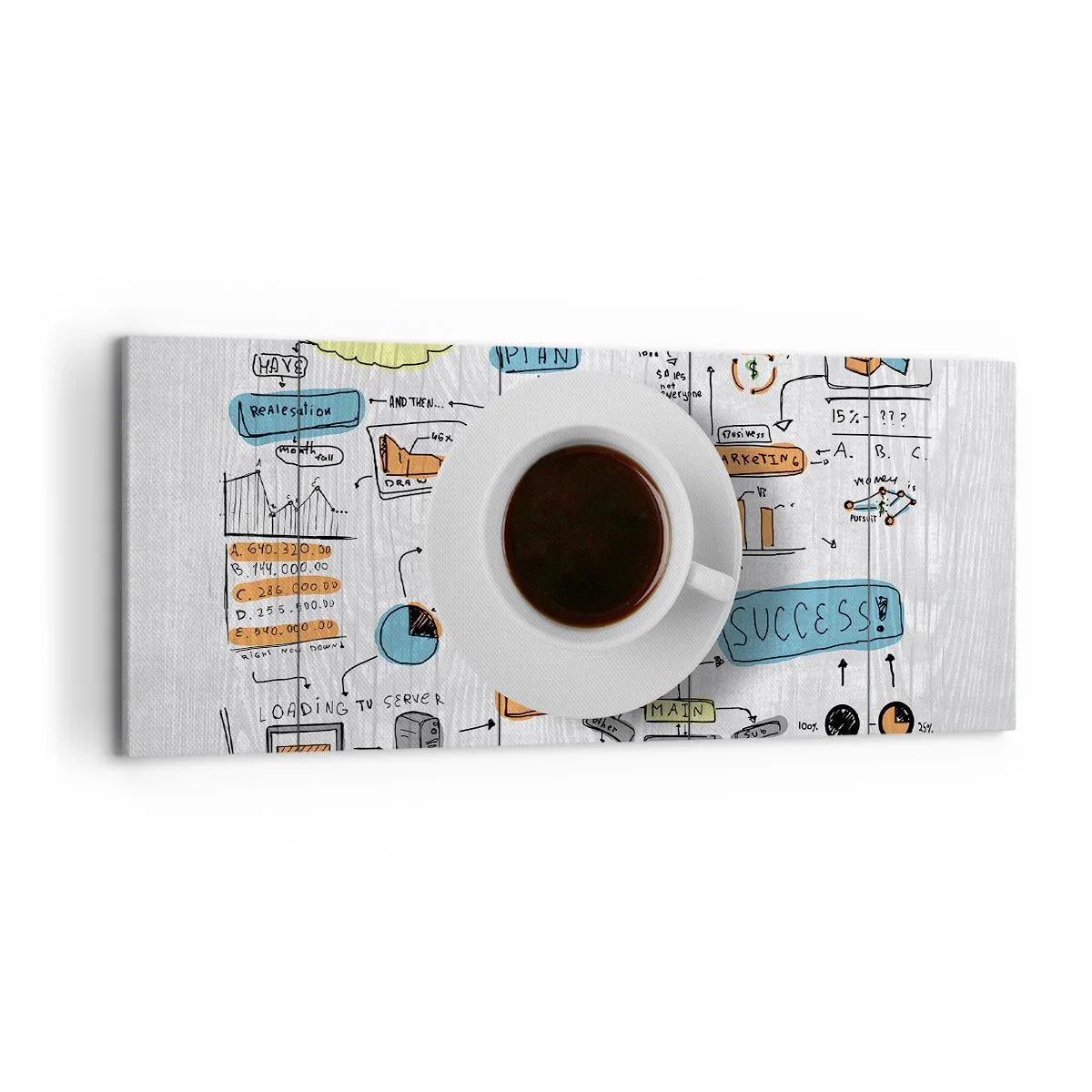 Quadro su tela - Stampe su Tela - Una tazza di caffè sullo sfondo di un disegno concettuale - 120x50cm - Un momento di pausa - Decorazione murale moderna per soggiorno e camera da letto ARTTOR