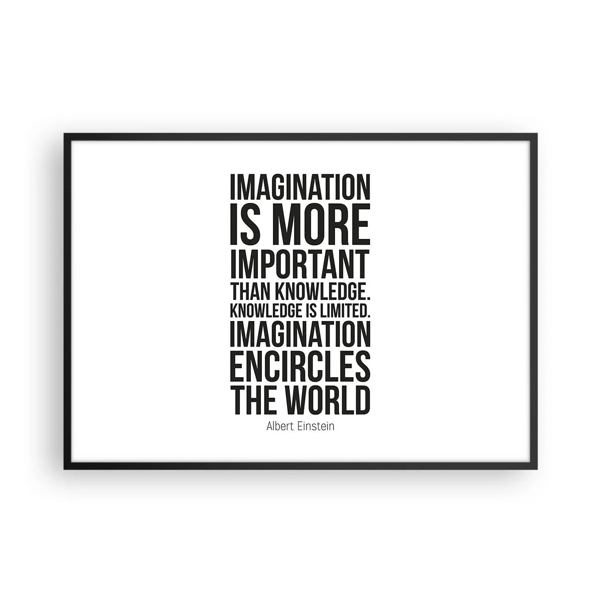 Poster in cornice nera - Citazione ispiratrice su sfondo bianco in carattere nero - 100x70cm - Einstein sul potere dell'immaginazione - Decorazione murale moderna per soggiorno e camera da letto ARTTOR