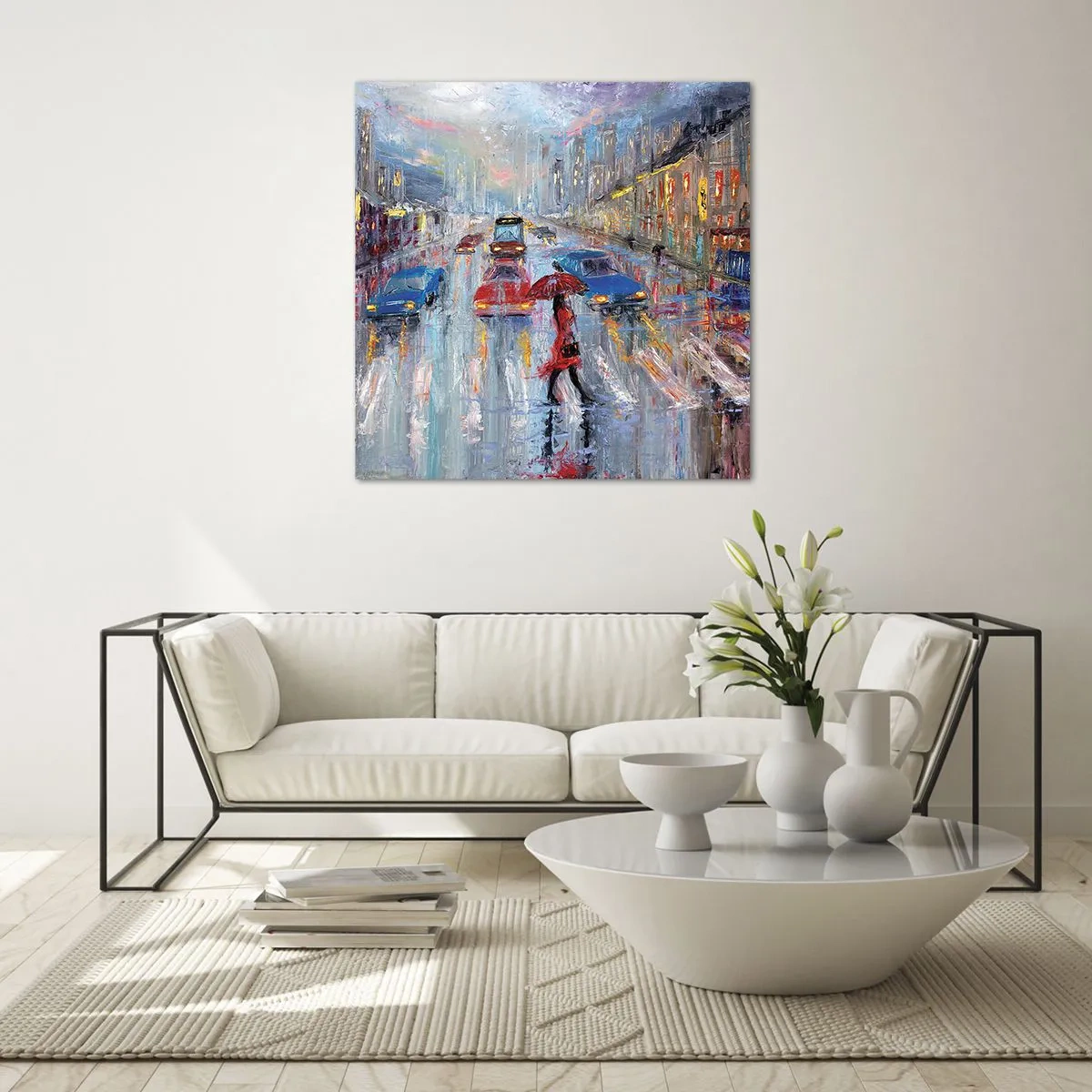 Quadro su vetro - Pomeriggio di pioggia in città - 60x60 cm