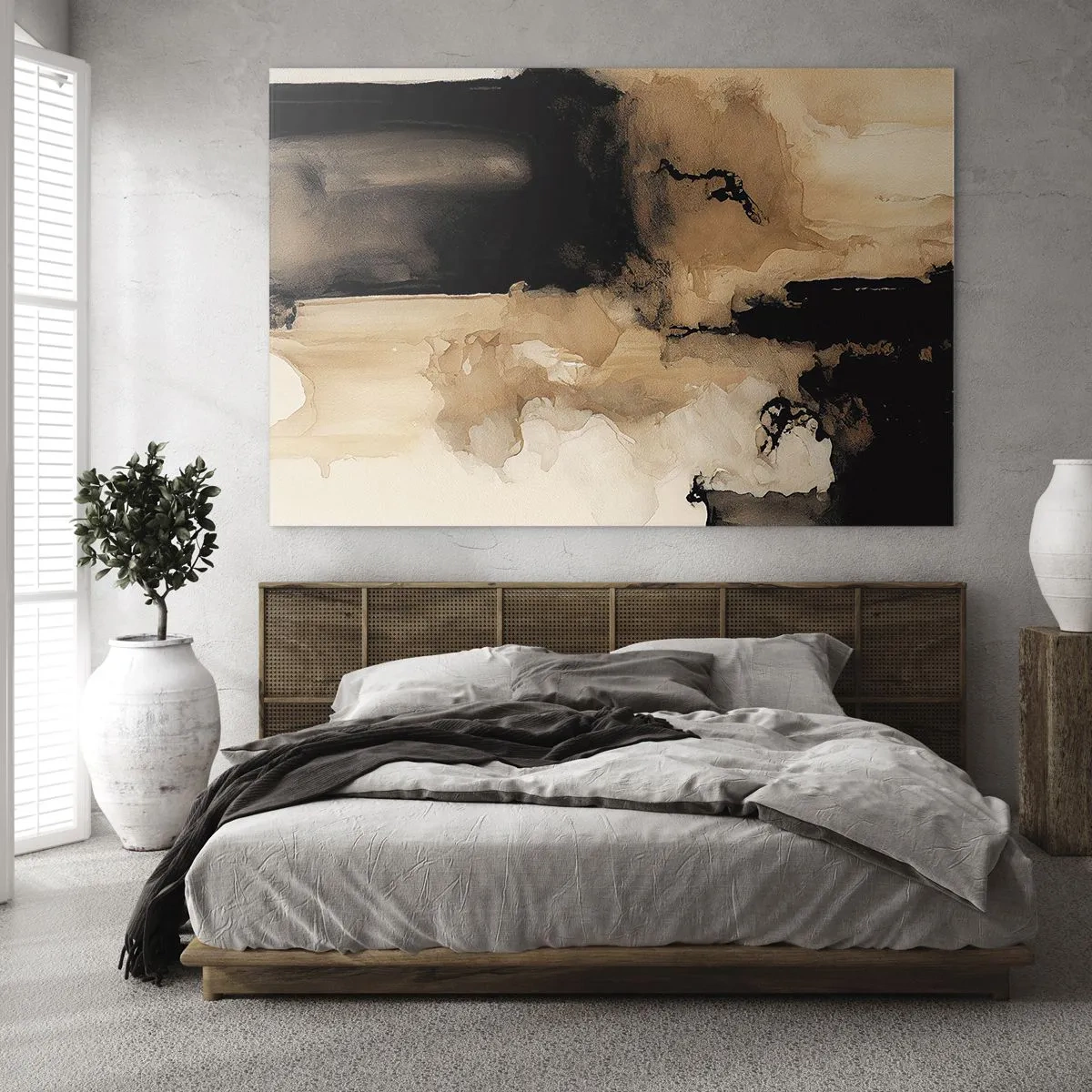 Quadro su vetro - Una forma astratta in nero e marrone su uno sfondo chiaro - 70x50cm - Astrazione intrigante - Decorazione murale moderna per soggiorno e camera da letto ARTTOR