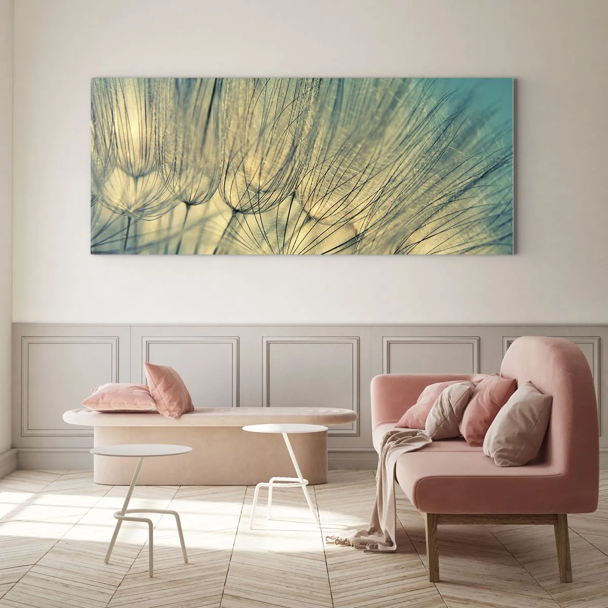Quadro su vetro - Macrofotografia dei denti di leone alla luce del giorno - 120x50cm - Aspettando il vento - Decorazione murale moderna per soggiorno e camera da letto ARTTOR