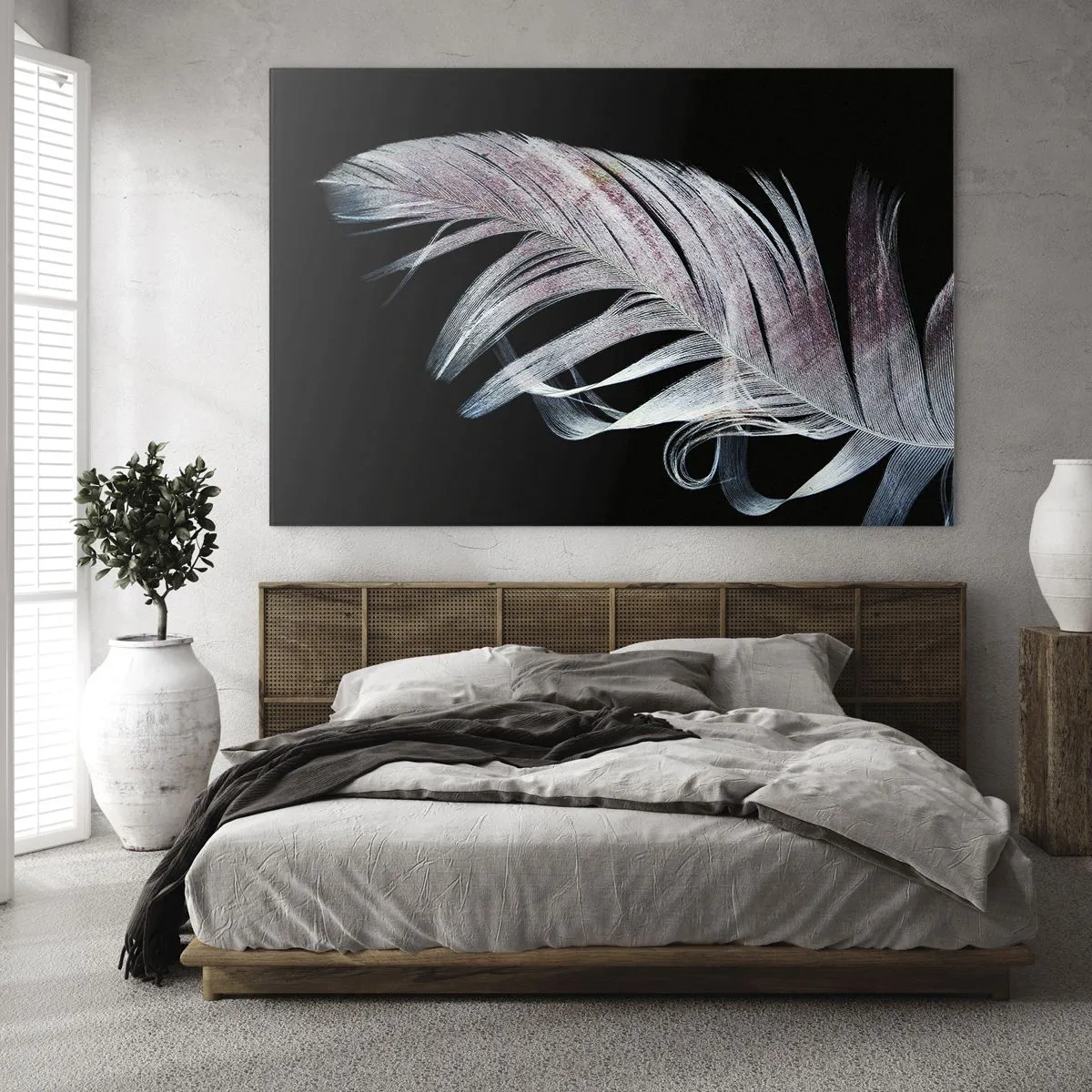 Quadro su vetro - Una piuma delicata su uno sfondo nero in un approccio artistico - 70x50cm - Pensa al tocco - Decorazione murale moderna per soggiorno e camera da letto ARTTOR