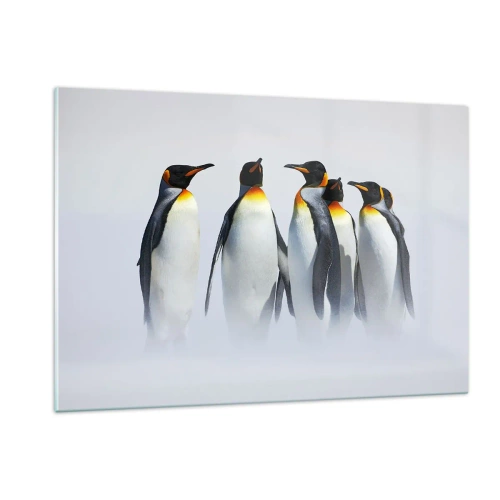 Quadro su vetro - Un gruppo di pinguini in uno scenario invernale - 120x80cm - Incontro in abito da sera - Decorazione murale moderna per soggiorno e camera da letto ARTTOR