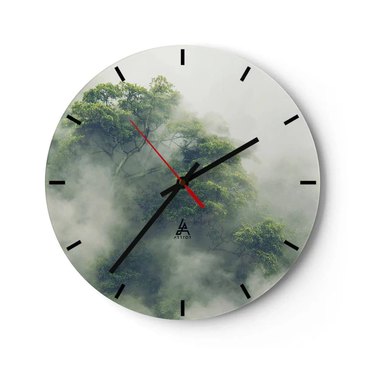 Orologio da parete - Orologio in Vetro - Alberi verdi avvolti in una nebbia misteriosa - 30x30cm - Avvolti dalla nebbia - Decorazione murale moderna per soggiorno, cucina e camera da letto ARTTOR