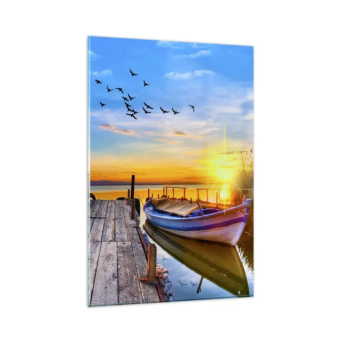 Quadro su vetro - Una barca su un molo di legno al tramonto - 80x120cm - A domani - Decorazione murale moderna per soggiorno e camera da letto ARTTOR
