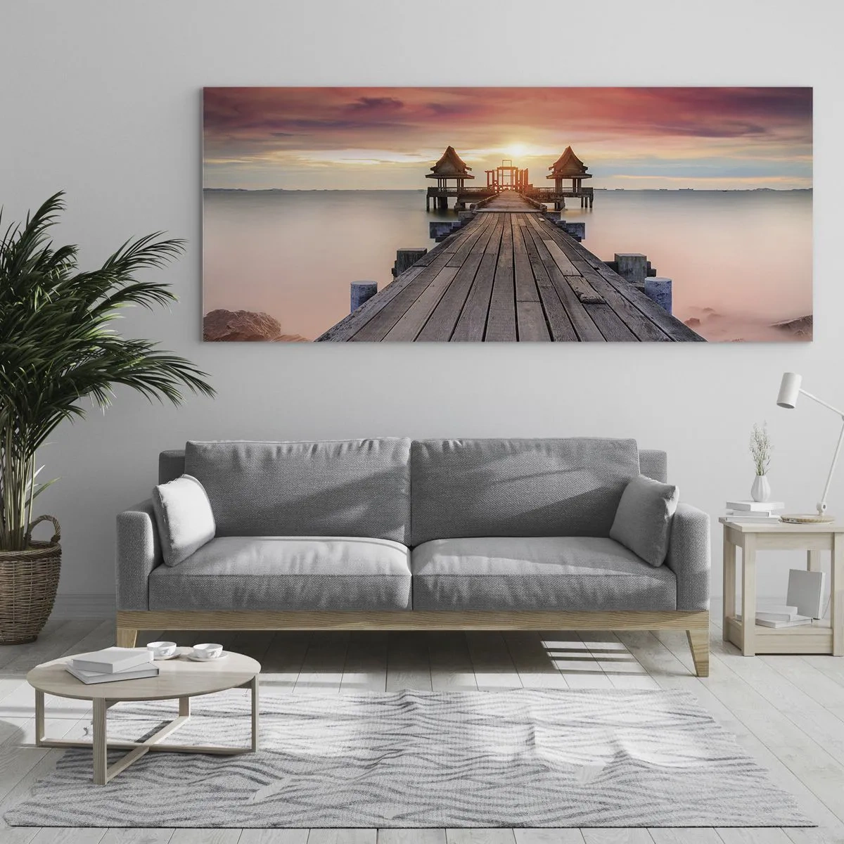 Quadro su vetro - Molo di legno che conduce ai gazebo al tramonto - 140x50cm - Tramonto d'oriente - Decorazione murale moderna per soggiorno e camera da letto ARTTOR