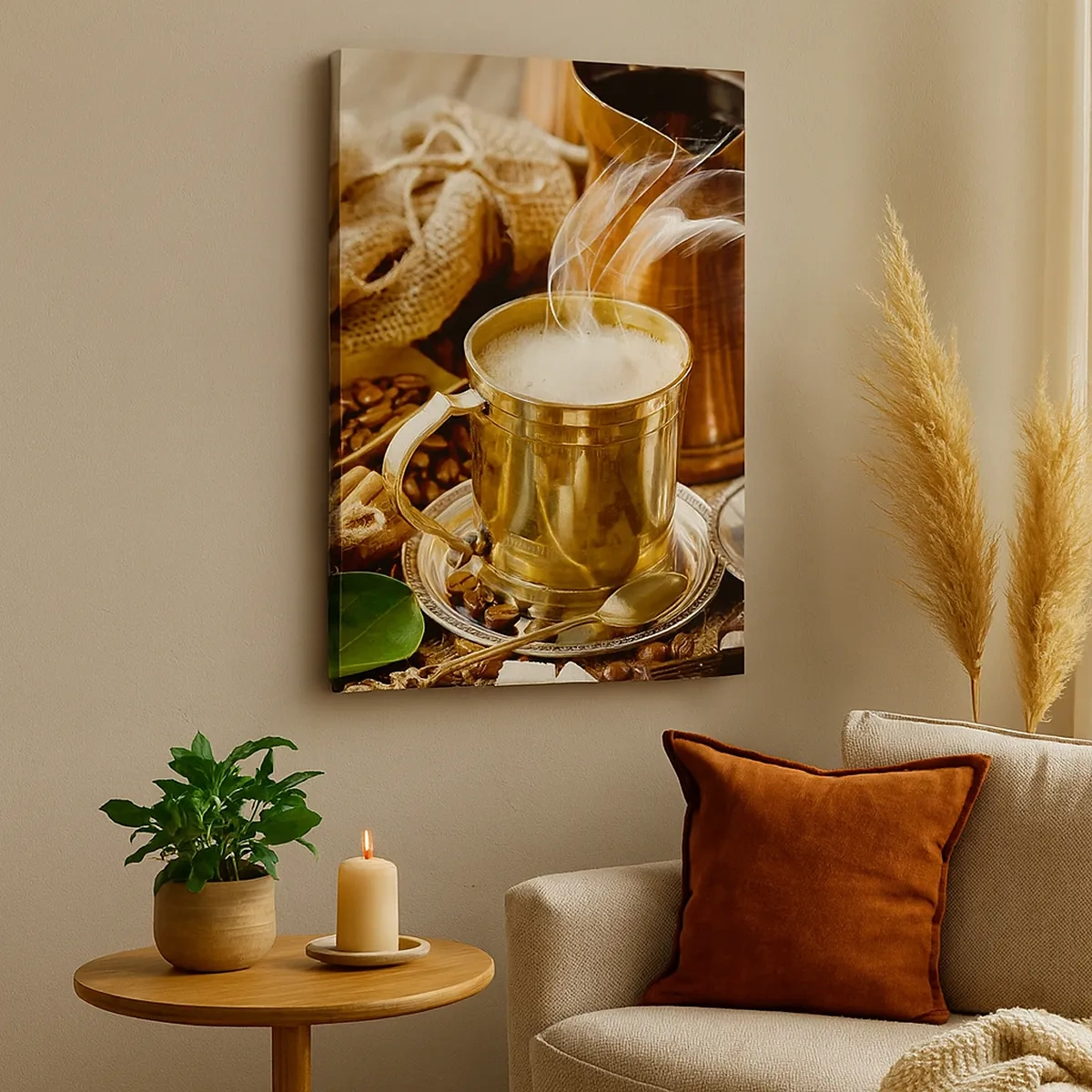 Quadro su tela - Stampe su Tela - Una tazza di caffè dorata circondata da chicchi, brocche e croissant - 50x70cm - Buona giornata! - Decorazione murale moderna per soggiorno e camera da letto ARTTOR
