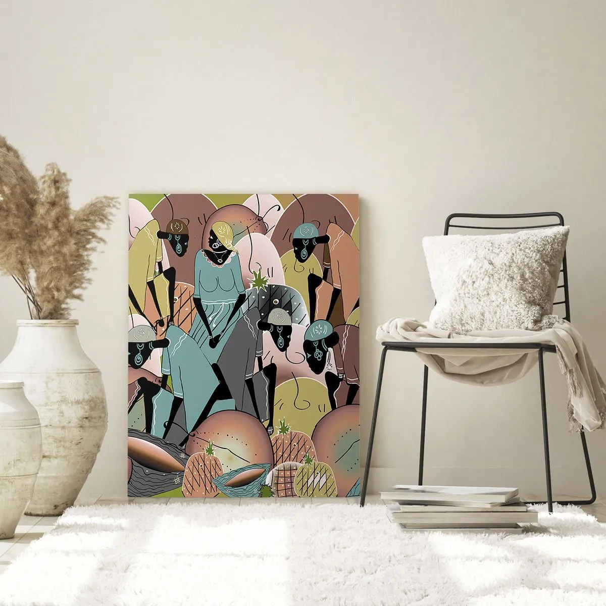 Quadro su vetro - Un'illustrazione astratta di figure nelle tonalità del beige, del verde e del rosa. - 50x70cm - Arriva la grande festa - Decorazione murale moderna per soggiorno e camera da letto ARTTOR