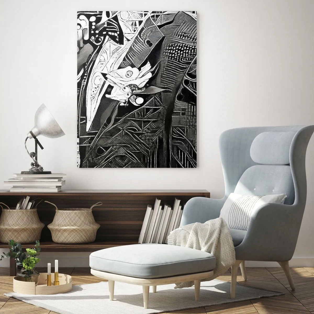 Quadro su vetro - Astrazione in bianco e nero con motivi geometrici - 50x70cm - Solo in apparenza un uomo grigio - Decorazione murale moderna per soggiorno e camera da letto ARTTOR