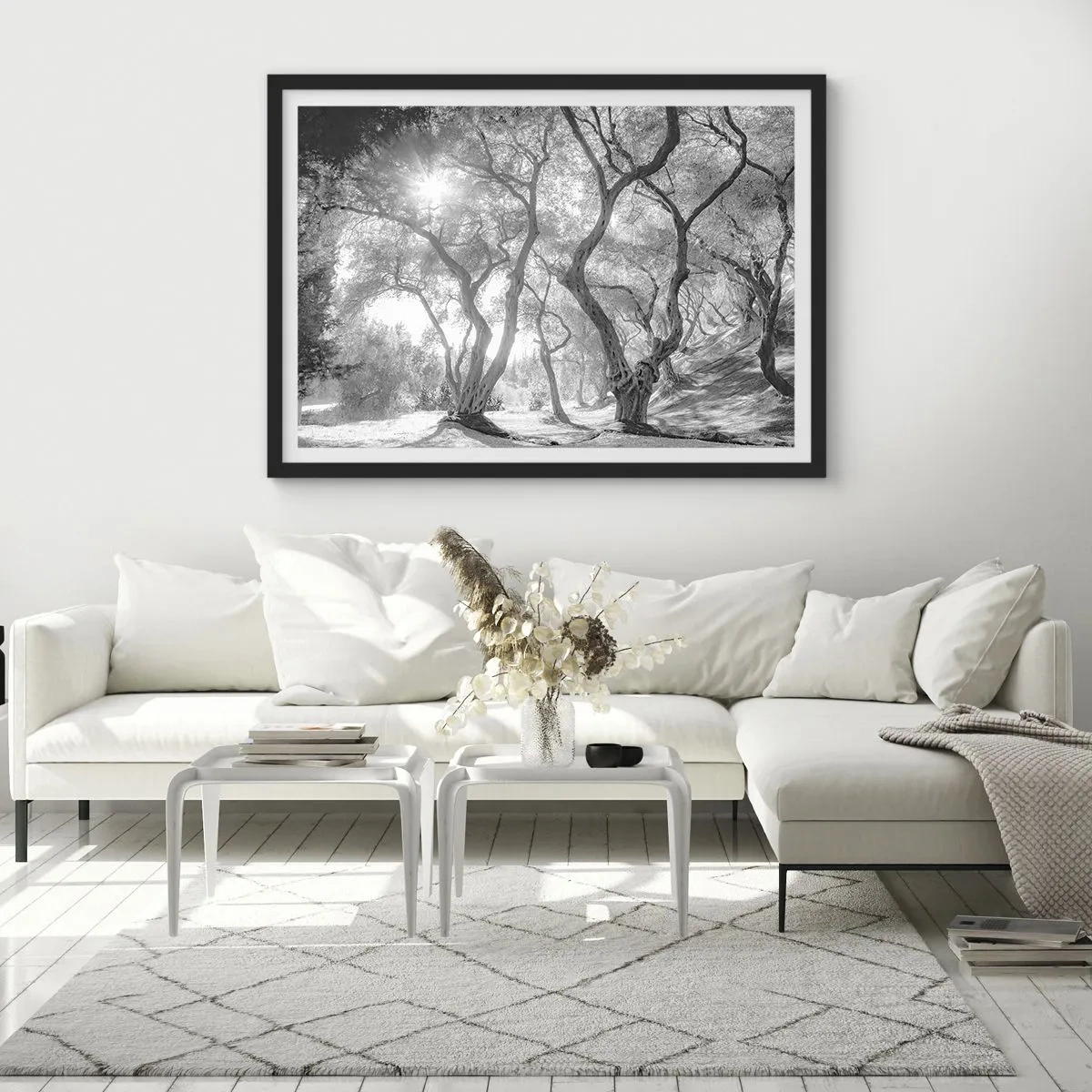 Poster in cornice nera - Vista in bianco e nero degli alberi in un uliveto con raggi di sole - 100x70cm - Nell'orto degli ulivi - Decorazione murale moderna per soggiorno e camera da letto ARTTOR