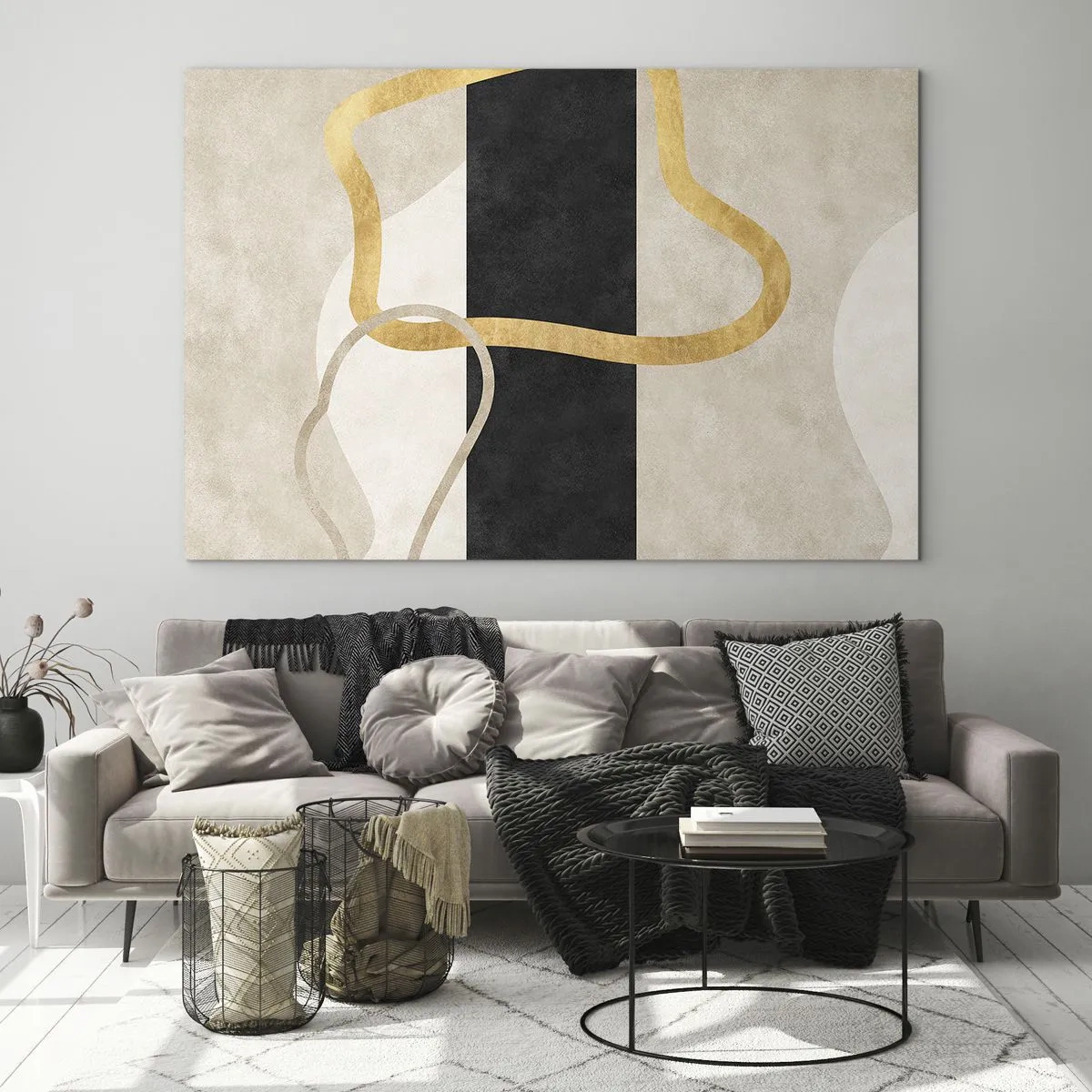 Quadro su vetro - Linee dorate e beige formano forme ad anello su uno sfondo a strisce nere. - 70x50cm - Forme intrecciate - Decorazione murale moderna per soggiorno e camera da letto ARTTOR
