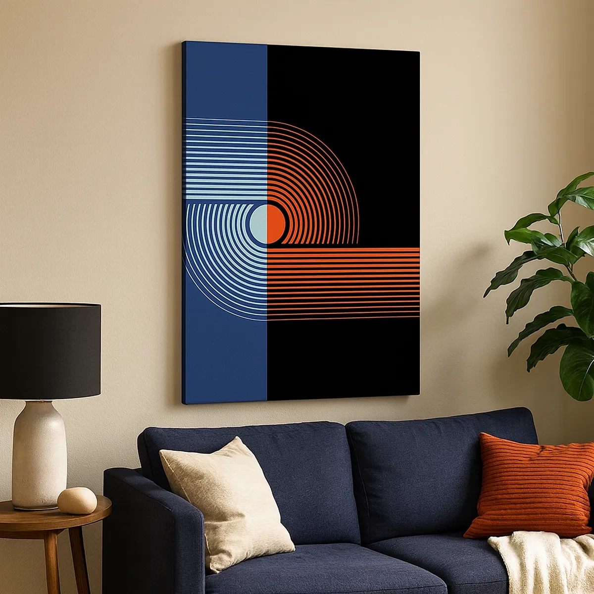 Quadro su tela - Stampe su Tela - Astrazione geometrica con linee blu navy e arancione. - 50x70cm - Nell'abbraccio geometrico - Decorazione murale moderna per soggiorno e camera da letto ARTTOR