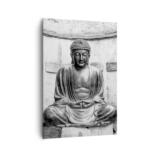 Quadro su tela - Stampe su Tela - Statua del Buddha in bianco e nero in posa meditativa - 70x100cm - Alla fonte della pace - Decorazione murale moderna per soggiorno e camera da letto ARTTOR