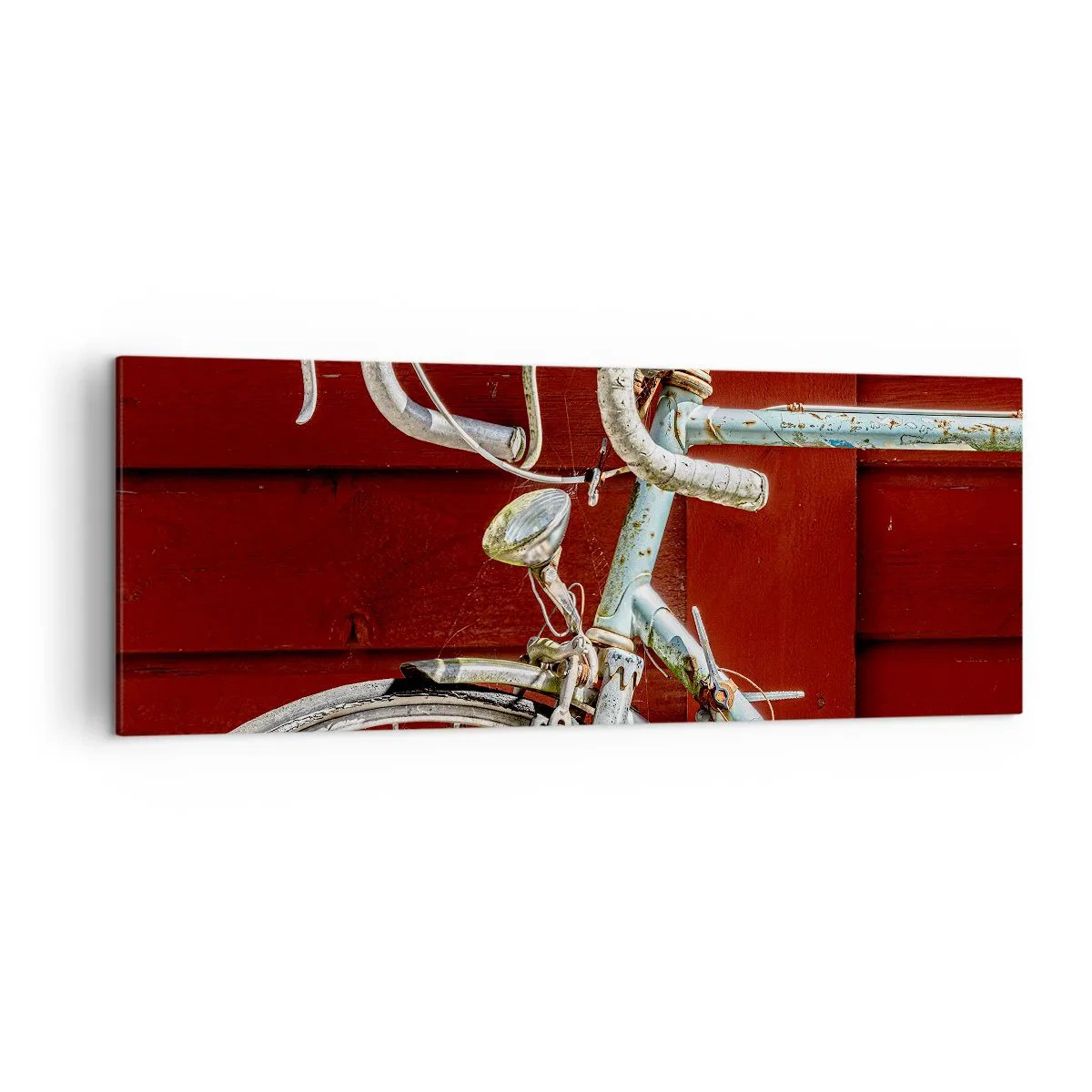 Quadro su tela - Stampe su Tela - Una bicicletta d'epoca contro un muro di legno rosso - 140x50cm - Creata per la vittoria - Decorazione murale moderna per soggiorno e camera da letto ARTTOR