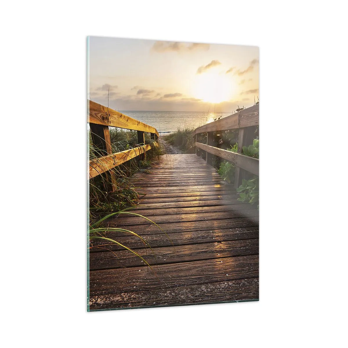 Quadro su vetro - Passerella in legno che conduce alla spiaggia al tramonto - 50x70cm - Dritto verso la riva - Decorazione murale moderna per soggiorno e camera da letto ARTTOR