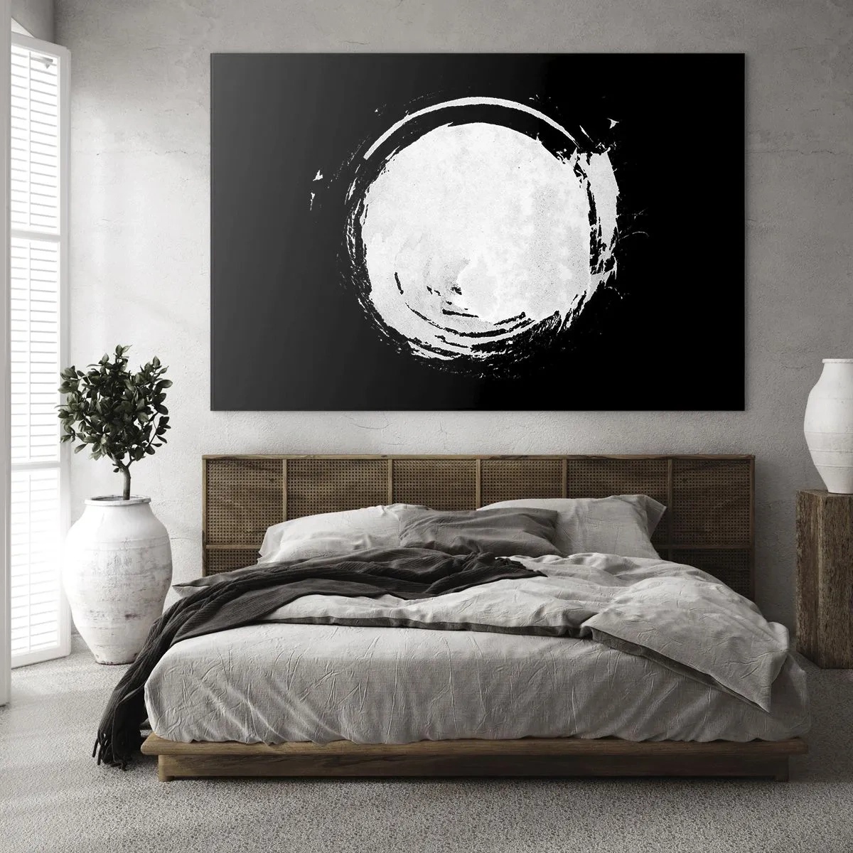 Quadro su vetro - Cerchio astratto bianco su sfondo nero - 100x70cm - Una buona soluzione - Decorazione murale moderna per soggiorno e camera da letto ARTTOR