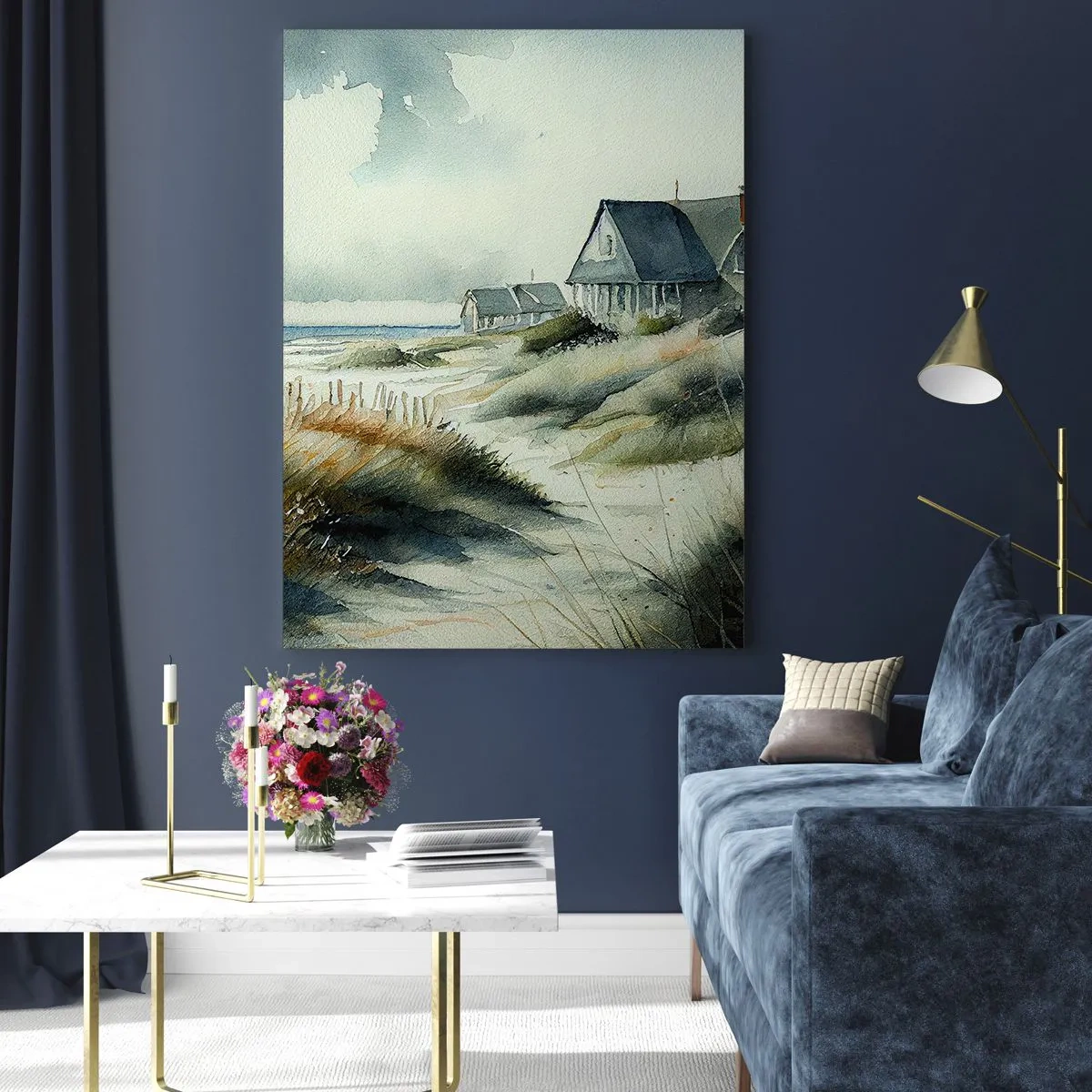 Quadro su vetro - Una casa al mare circondata dal prato e con vista sul mare - 80x120cm - Lontano dal caos - Decorazione murale moderna per soggiorno e camera da letto ARTTOR