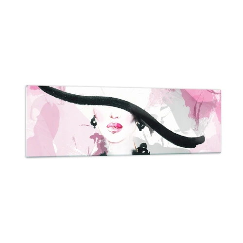 Quadro su vetro - Una donna elegante con un cappello su uno sfondo di astrazioni rosa. - 160x50cm - Ritratto di donna in nero e rosa - Decorazione murale moderna per soggiorno e camera da letto ARTTOR